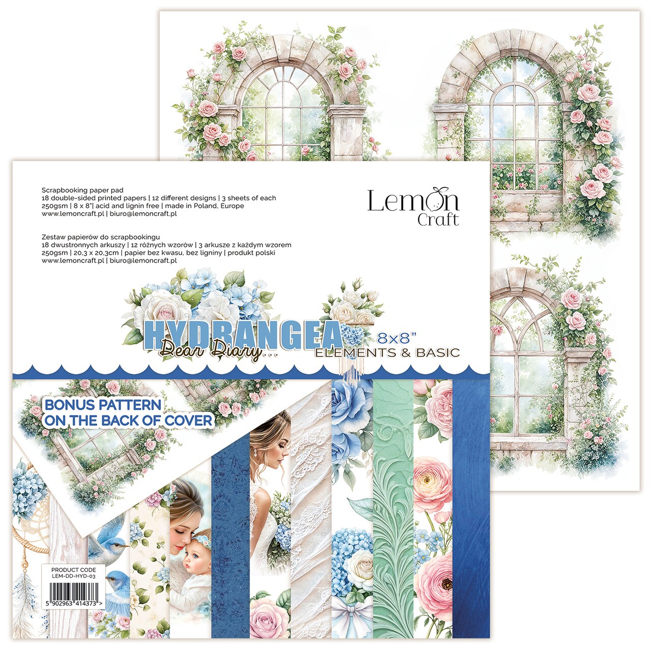 LemonCraft “Hydrangea” 8x8 Scrapbook Paper Pack for Cutting | 18 Double-Sided Sheets | Blue Floral Hydrangea Designs